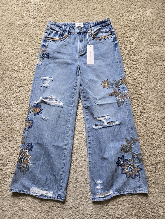 DRIFTWOOD Denim - Driftwood Marlena Copper Wide Leg Jeans Womens 28 Embroidered Distressed